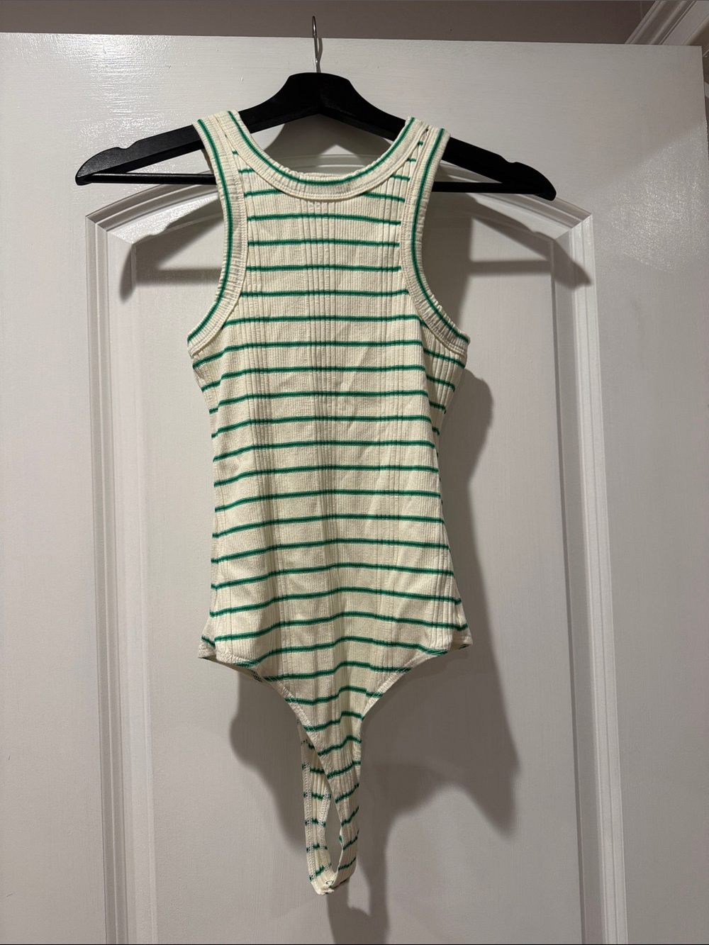 MOTHER Cream & Green Ribbed Striped Tank Bodysuit